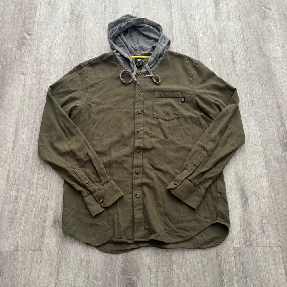 Y2K Oakley Mens Hooded Button Down Shirt Olive Green Regular Fit Large